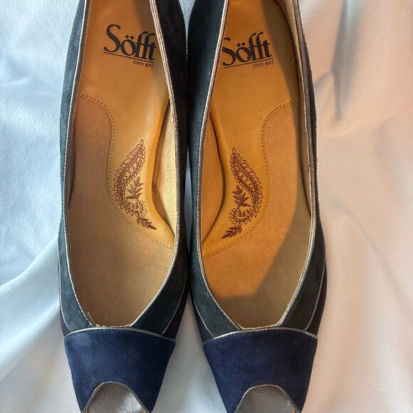 Sofft Black Suede Pumps Peep Toe Comfort Colorblock Heels Size 10M Jewel Tones - Picture 8 of 11